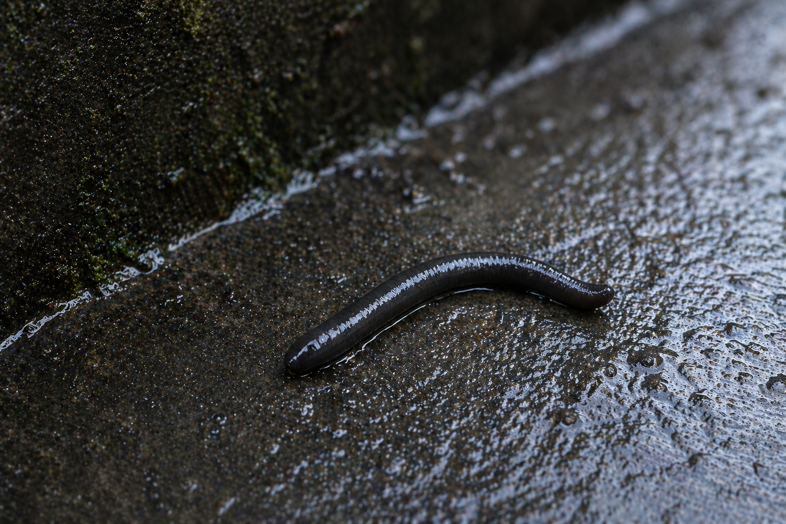 Petit ver noir d'humidité (iule) sur un carrelage de salle de bain